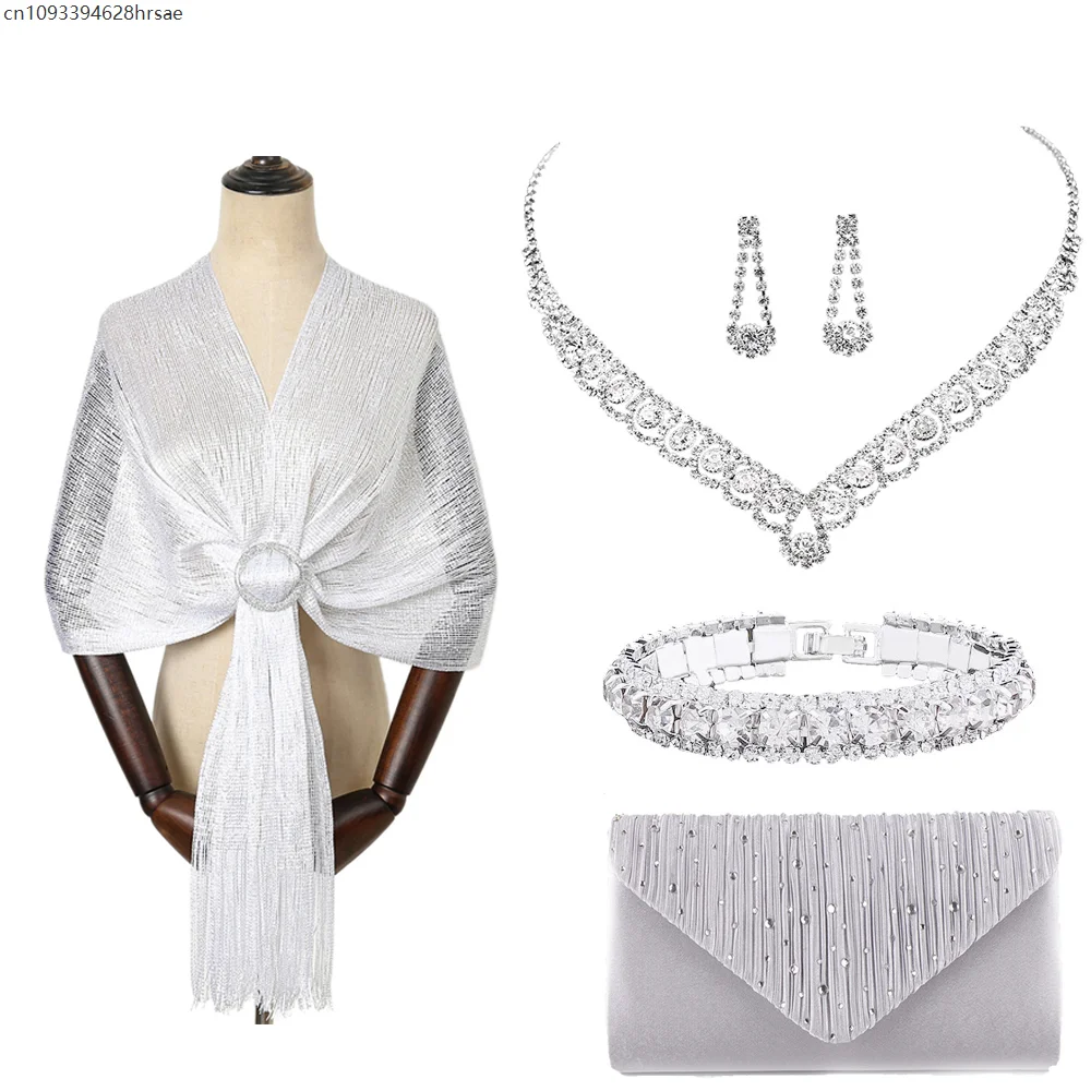 

5 PCS Rhinestone Silver Jewelry Sets Women Hollow Zircon Necklace Earring for Halloween Wedding Bridal Party Evening Accessories
