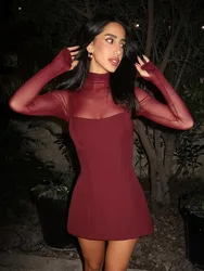Ahagaga Sexy Mesh Women's Mini Dresses Solid See Through Sheer Bodycon Regular Long Sleeves Turtleneck Slim Streetwear Vestidos