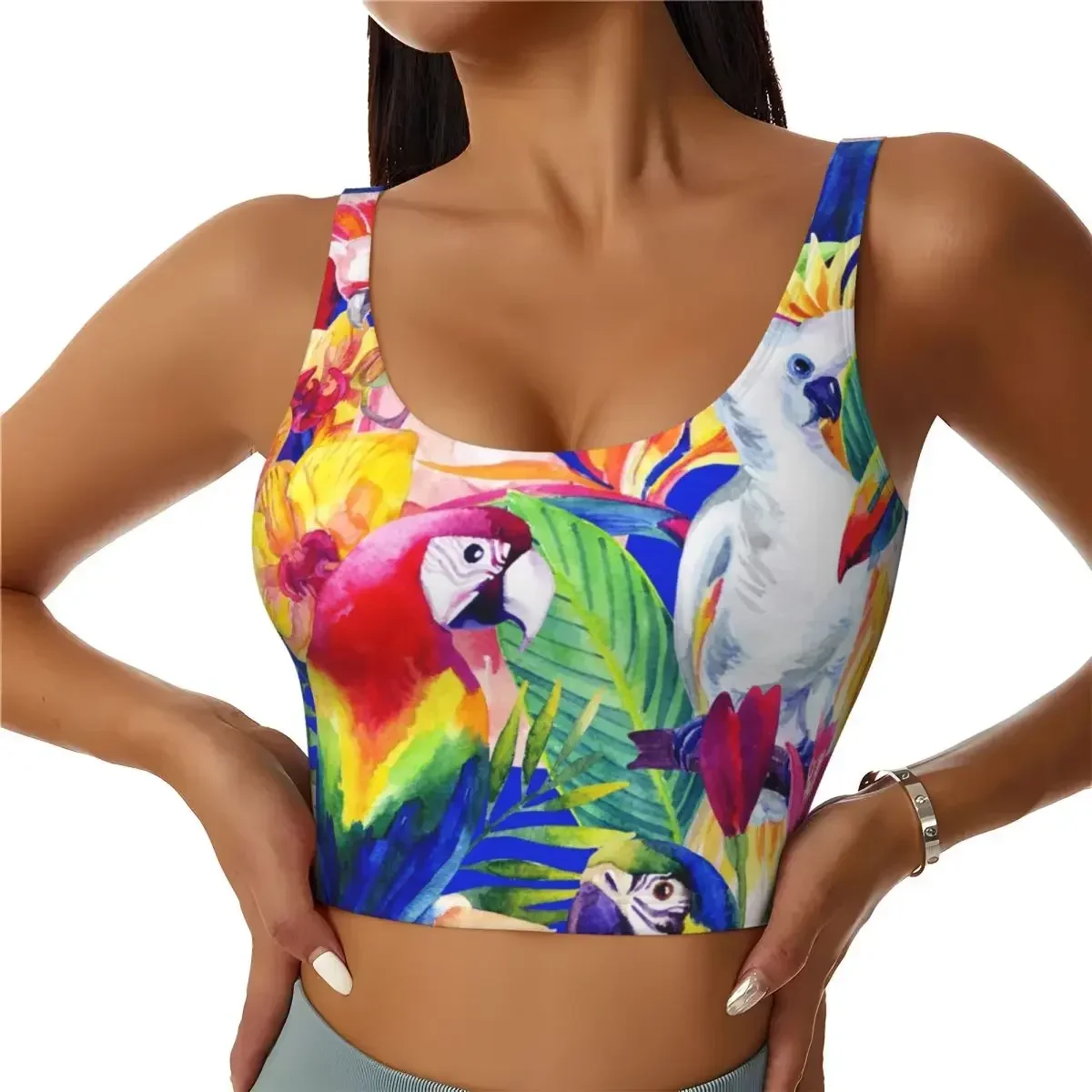 

Yoga Vest Women Gym Sports Crop Tops Watercolor Parrots Tropical Flowers Streetwear Workout Breathable Tank Top Female