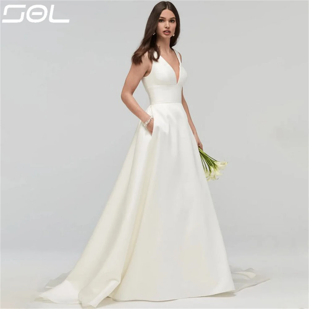 Sol-Deep V Neck Satin Wedding Dress, Spaghetti Straps, Sexy Backless, A-Line, Boho Ball Gowns, Sweep Train, Simple