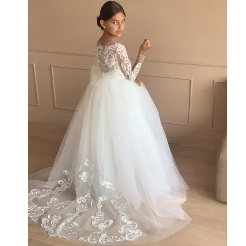 Tule flory apliques com arco manga longa para festa de aniversário de casamento banquete vestido de comunhão sagrada vestidos da menina de flor branco