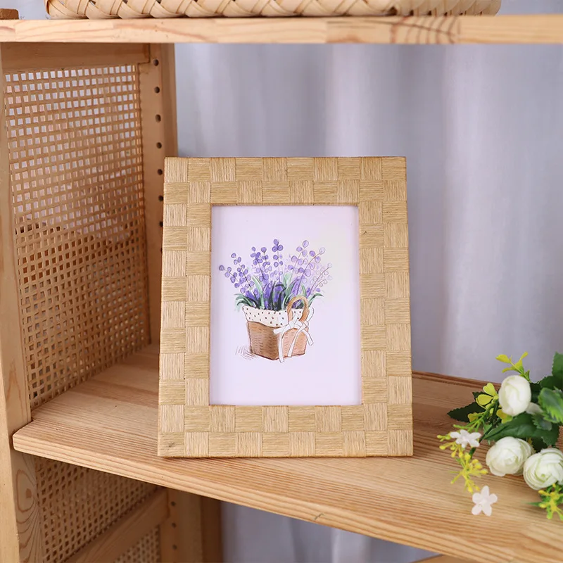 Solid Wood Photo Frame Wall Hanging Photo Wall Decoration Handmade Rattan Picture Frame Desktop Straw Photo Frame Ornaments