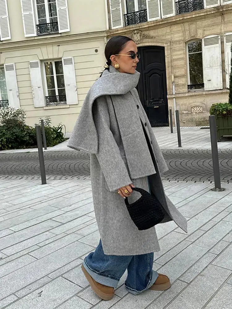 Women\'s Solid Woolen Long Coat Elegant O-neck Single Breasted With Scarf Pockets Overcoat 2024 Lady Chic Fall Warm Wool Jacket