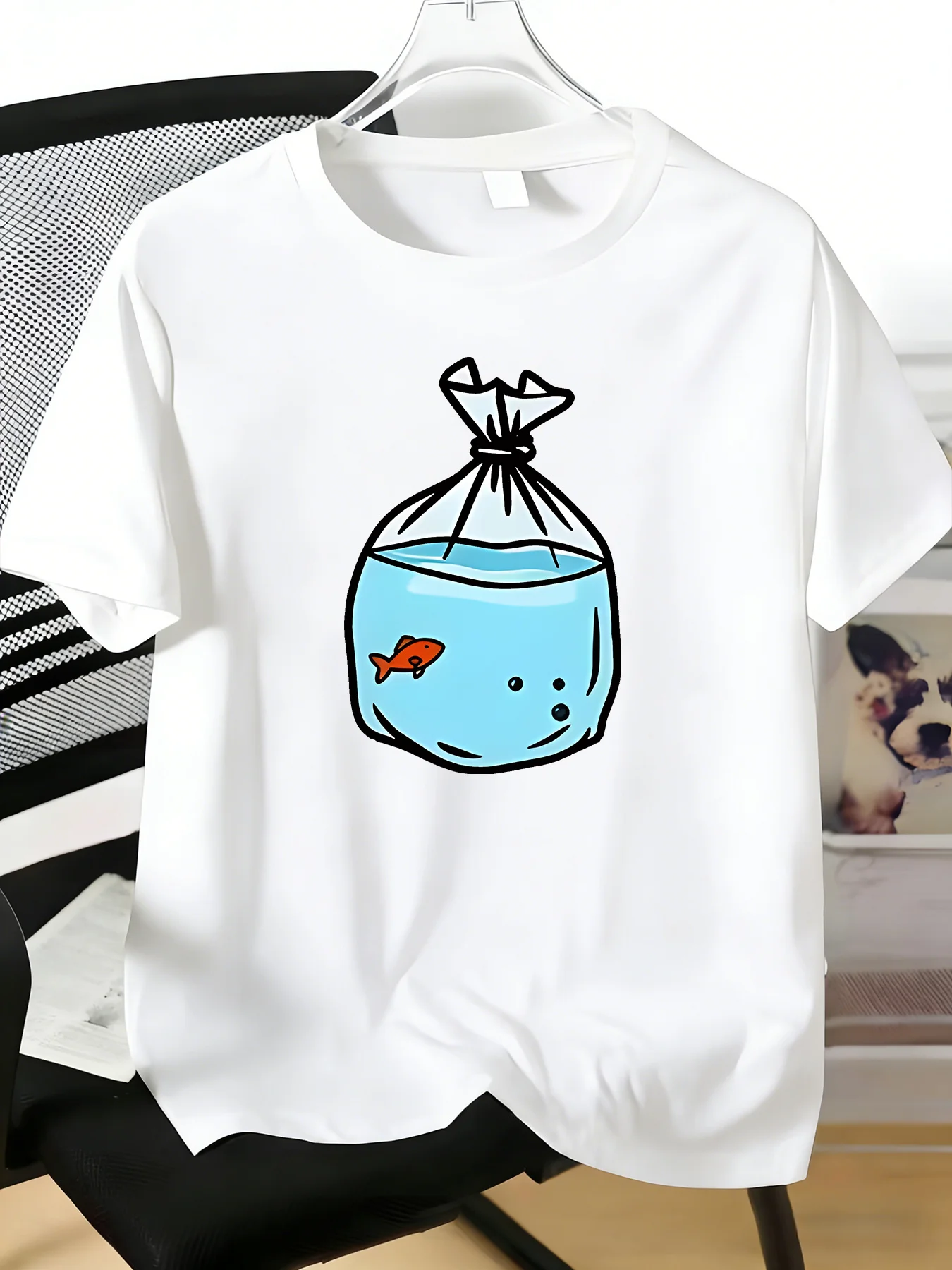Men White Short Sleeve Crew Neck Tee Cute Goldfish In Plastic Bag Cartoon Print Soft Cotton Animal Lover Casual Daily Loose Top