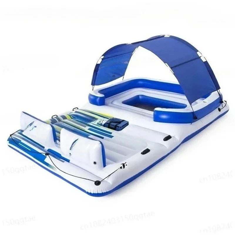 Giant 8 Person Inflatable Swimming Pool Island Float Boat Swimming Pool Floats Bed with Sun Canopy Water Toys Pool Fun Raft