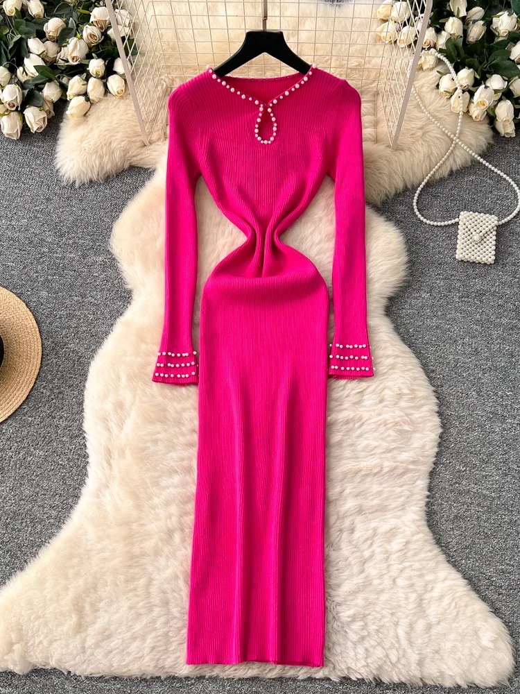 Ele Heavy Beaded Lungo Sve lavorato a maglia Dr Donna Autunno Inverno Dimagrante Base Layer Maglione Dr Gonna a trapezio a vita alta