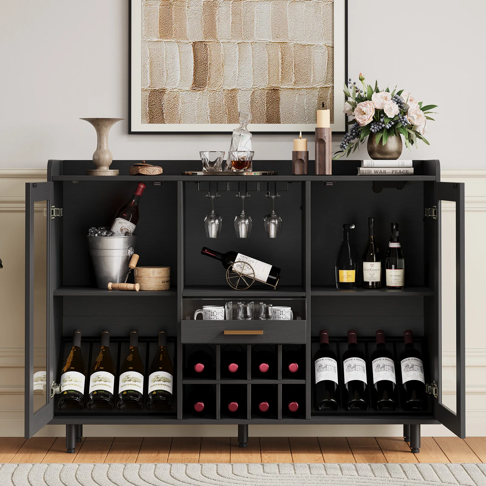 Black Cabinet With LED Lights＆Electrical Sockets, Modern Coffee Bar Cabinet,Buffet Cabinet,W/Acrylic Doors,Wine Rack＆Glass Rack