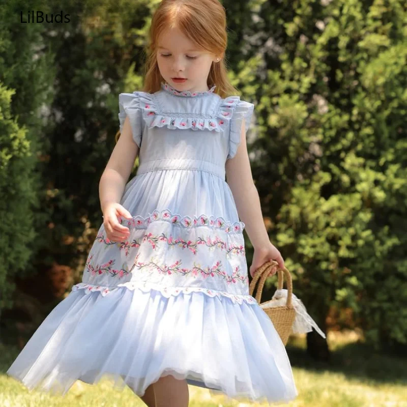 2024 Kids Sleeveless O-Neck Palace Style Costume Vintage Baby Girl Dresses Princess Floral Embroidery Matching Newborn Vestidos