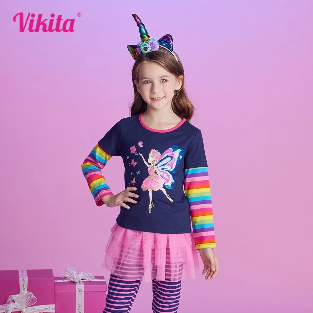 VIKITA Mädchen Langarm T-shirt Kinder Fee Elf Pailletten Applizierte Baumwolle Casual Tops Mädchen Gestreiften O Neck Tees Kinder Kleidung