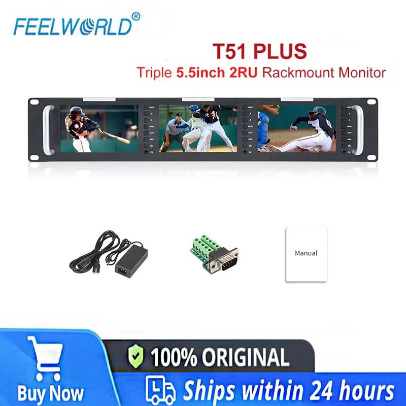

FEELWORLD T51 PLUS Triple 5.5" 2RU Rackmount Monitor 400cd/m² Full HD 3G-SDI, 4KHDMI-compatible AV input and output
