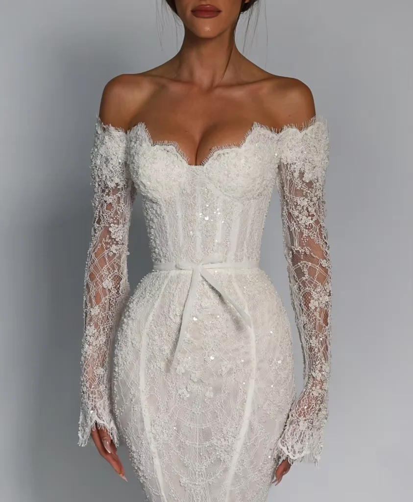 Luxury Off Shoulder Mermaid Wedding Dress Long Sleeve Lace Beaded Corset Bodice Bridal Gown Custom Robe De Mariée Vestido Novia
