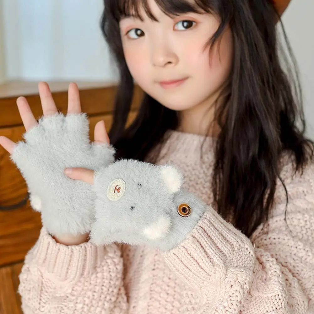 Cute Thick Cat Ear For Kids Children Winter Half Finger Gloves Children Gloves Flip Cover Gloves Korean Knitted Mittens