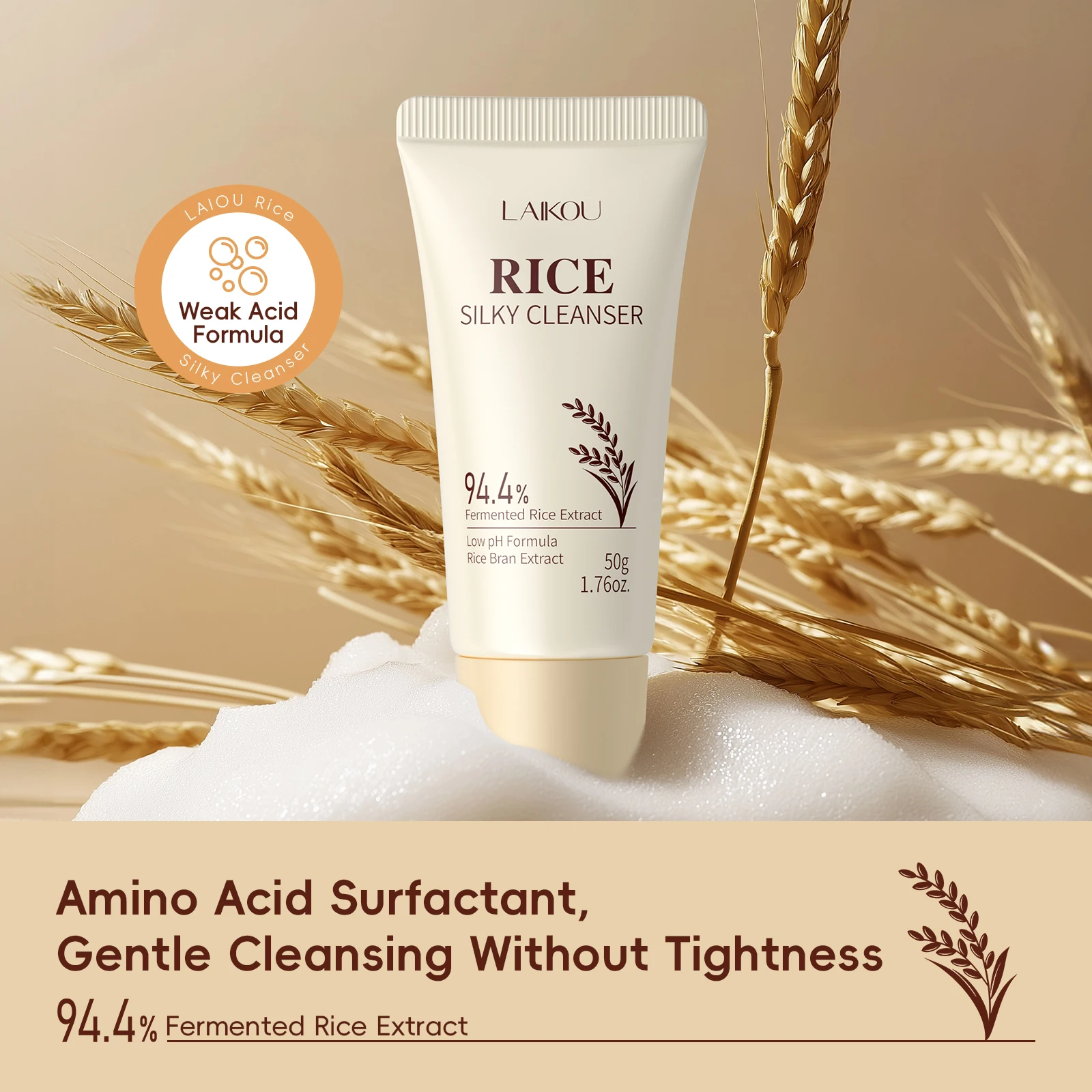 LAIKOU Rice Silky Facial Cleanser 50g, Weak Acid Gentle Cleansing Moisturizing No Tightness Face Wash With Fermented Rice