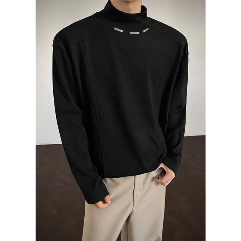 

Autumn Stand Collar White T-shirt Men Fashion Black Casual T Shirt Men Streetwear Korean Loose Long Sleeved T-shirt Mens Top