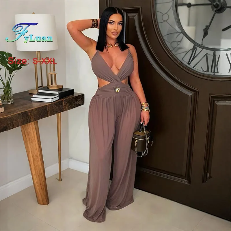 

Fashion Solid Color Jumpsuits Women Deep V Neck Backless Sexy Jump Suit Sleeveless Semi Perspective Foreign Trade Ladies Clothes