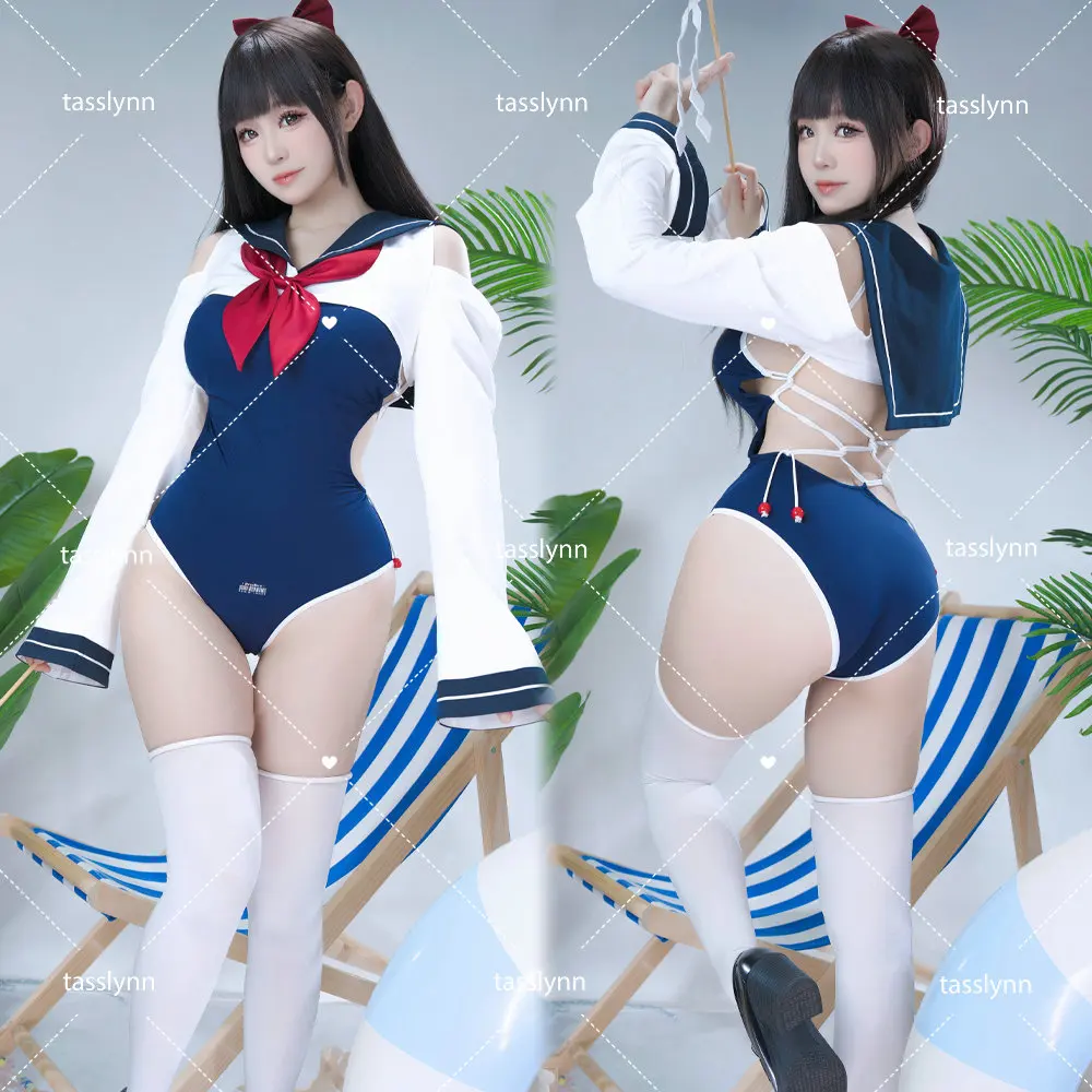 

Japanese Anime Hai Yueji Summer Swimsuit Kuragehime Cosplay Costume Sexy Sukumizu Women Dirty Tech Blue Summer Jumpsuit and Top