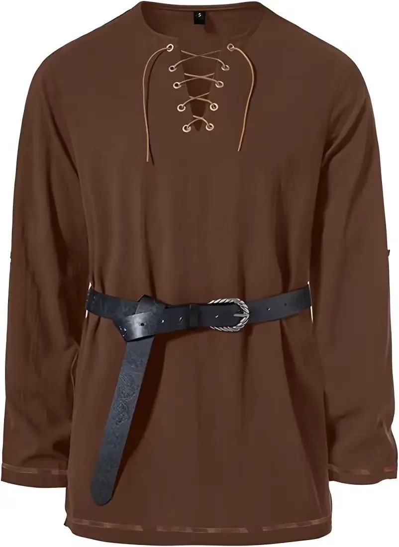 Mittelalterliches Schnürhemd für Herren mit Gürtel, langärmelig, Vintage-Piraten-Wikinger-Oberteil, Halloween-Cosplay-Kostüm, lässige Bluse – Detail 26