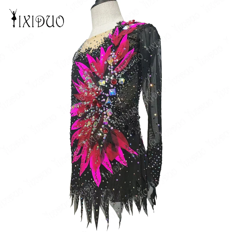 Black Pink Flower strass Costume da competizione per pattinaggio artistico personalizzato professionale Costume da spettacolo per pattinaggio artistico Premium