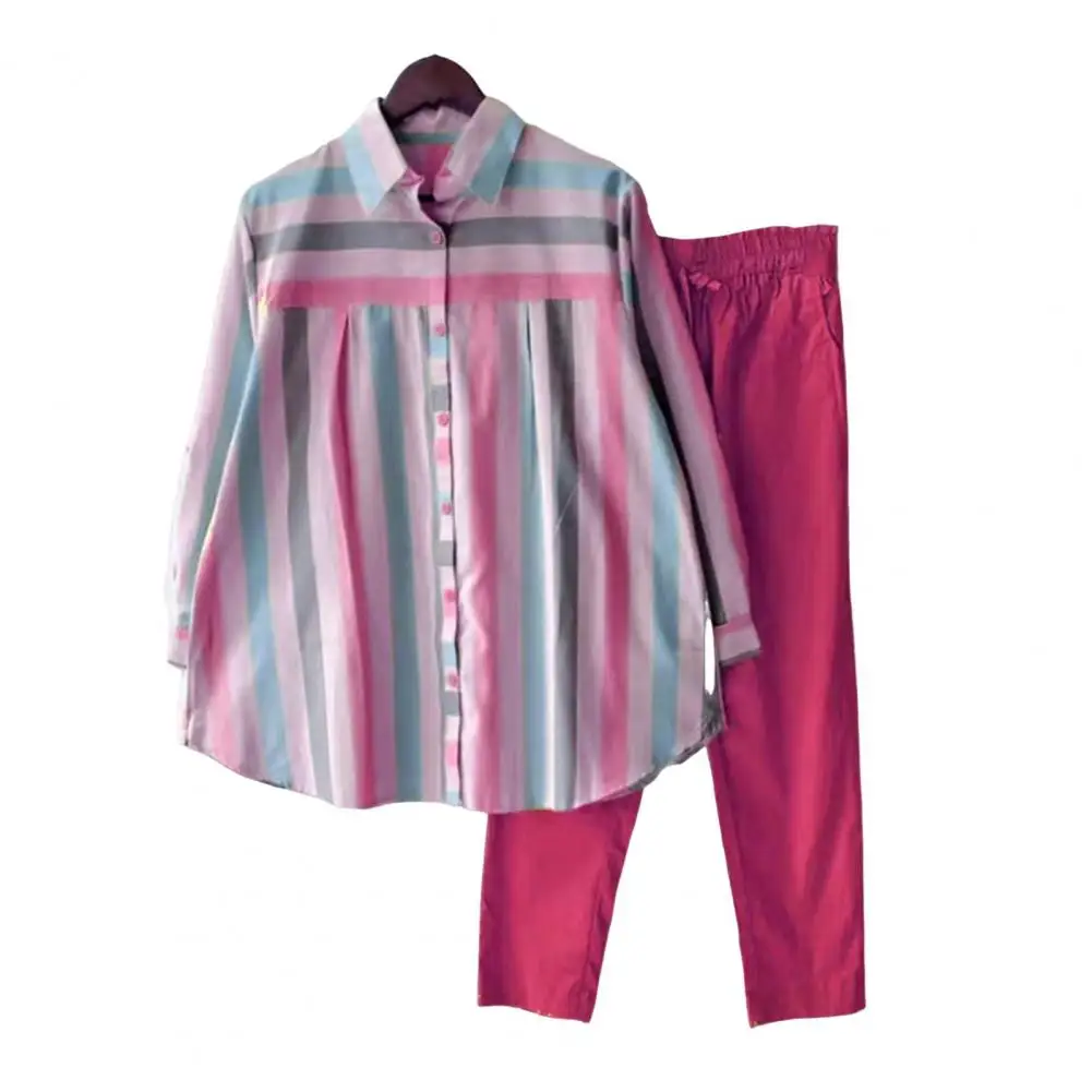 Women Striped Print Suit Set Commute Top Pants Set 2 Pcs Women Shirt Pants Set Striped Contrast Lapel Blouse Wide Leg Loose
