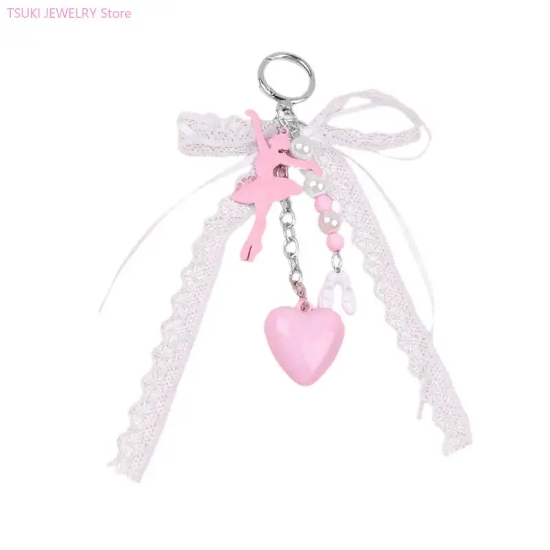 62KE BALLET Girl Keyring Handbag Charm Lace Bows Keychain Bag Decorations Heart Car Chain for Woman and Girl