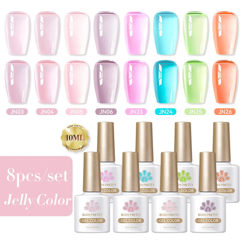 

Набор из 8 гель-лаков для ногтей Jelly Glass Gel, кристально-розовый, полуперманентный, УФ/LED гель-лак для маникюра и нейл-арта.