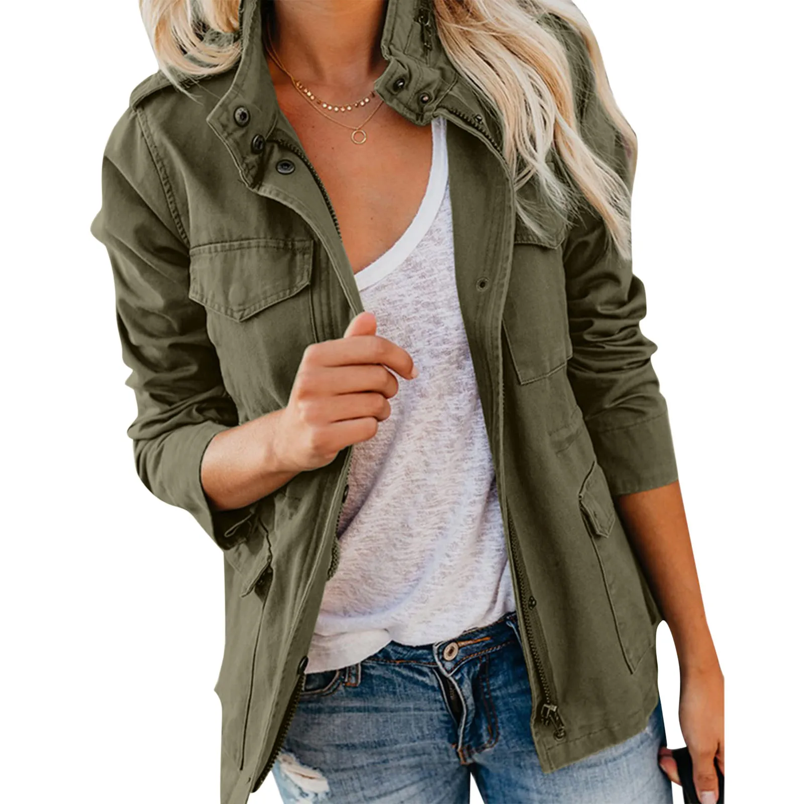 

Women Zipper Jacket Summer Female Outerwear Long Sleeve Casual Streetwear Coat Windbreaker Anorak Stand Collar Military Jackets