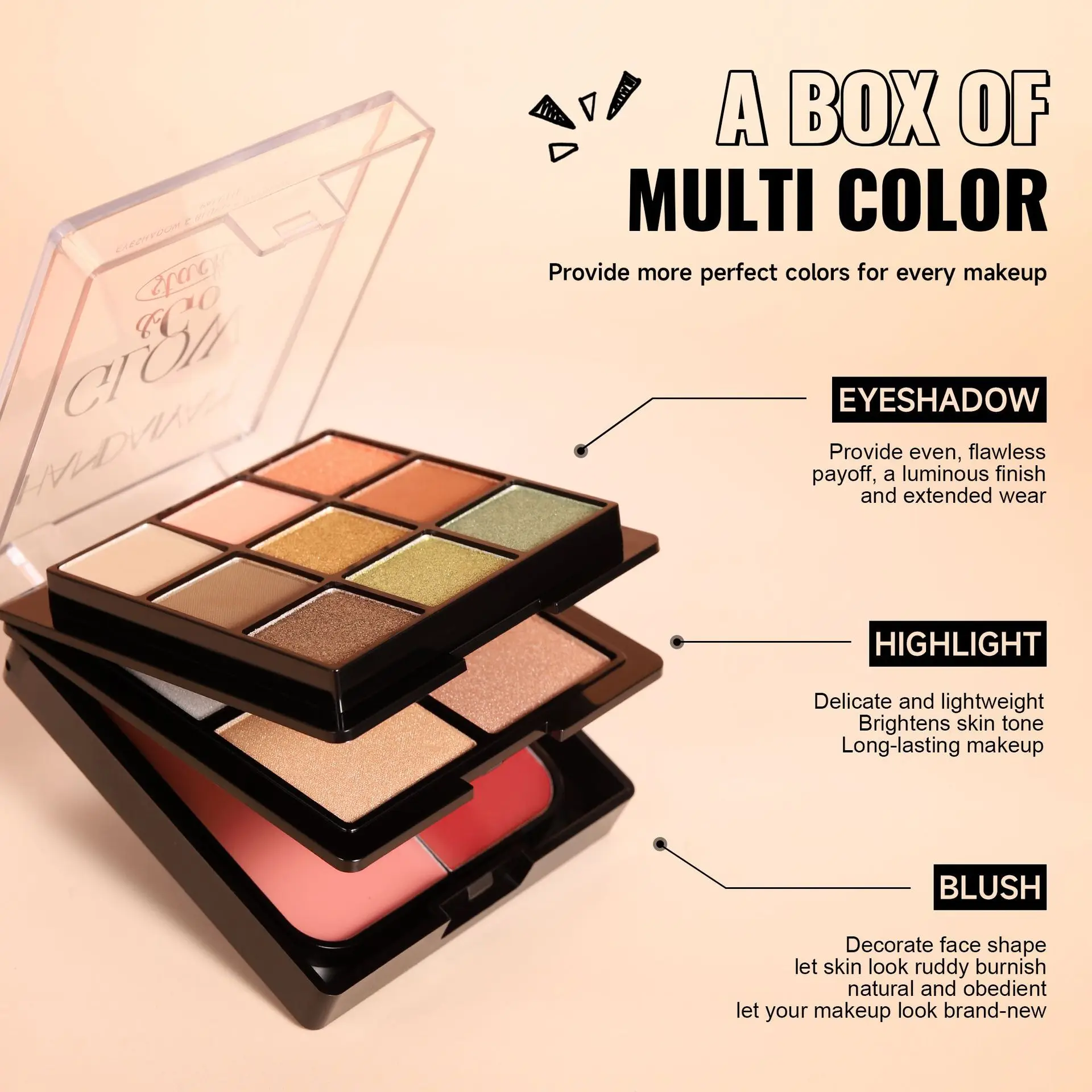 Tavolozza di trucco a tre strati, ombretto, fard e palette combinate di evidenziatori, glitter fini opachi perlescenti