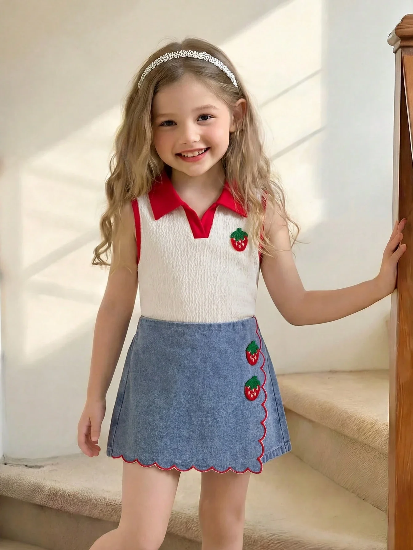 

Women's Sleeveless Knit Vest Top And Denim Skort With Strawberry Embroidery Ruffled Hem