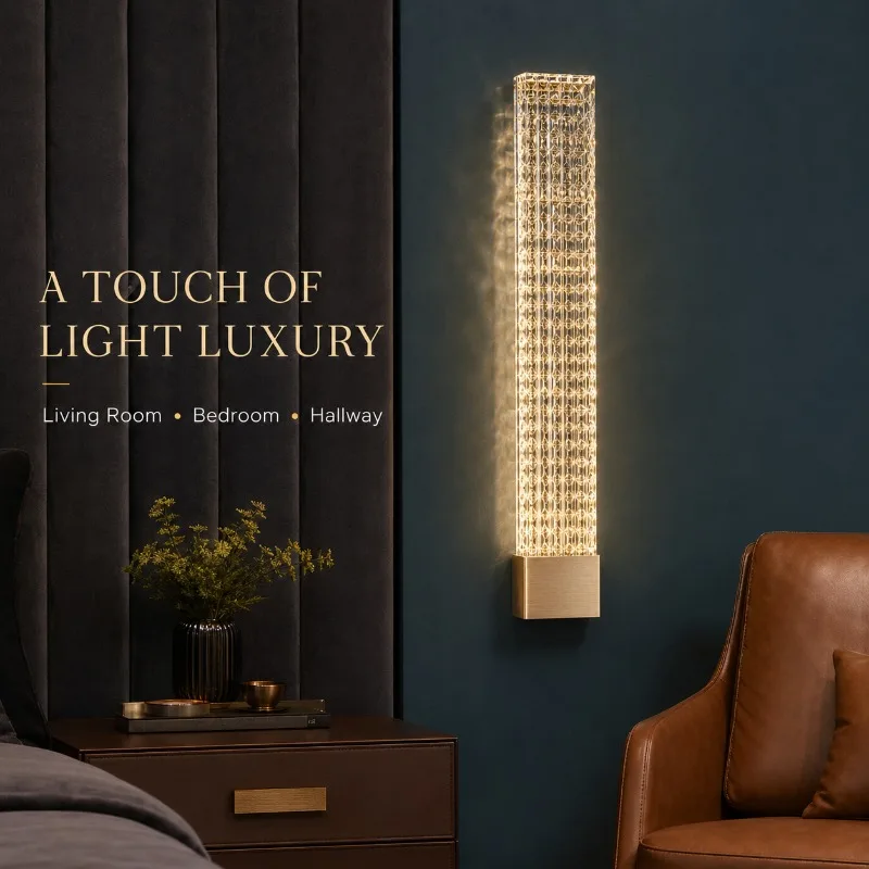 Modern Crystal Wall Lamp Full Copper LED Sconce Warm Light for Bedroom Bedside Living Room Hallway Luxury Interior Decor