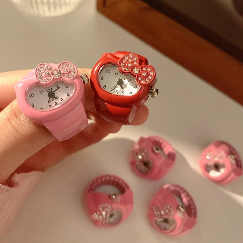 Kawaii Sanrio Hello Kitty Watch Ring Cute Kt Cat Bow Rhinestone Clock Ring Watches Girls jewelry Kids Toys Gifts