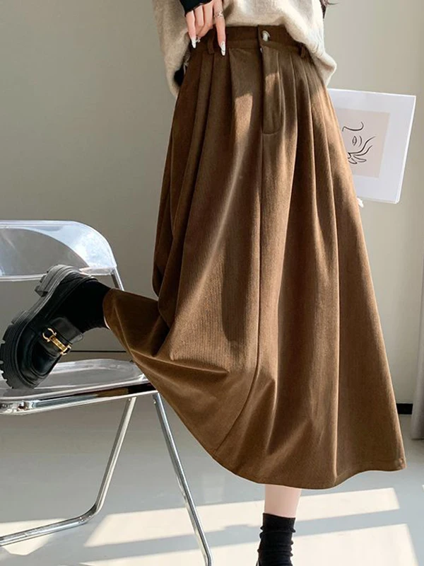 플러스 사이즈 300 포우 코듀로이 하이 웨이스트 A라인 스커트 여성용 가을 겨울 미디 스커트 트렌디한 롱 스커트