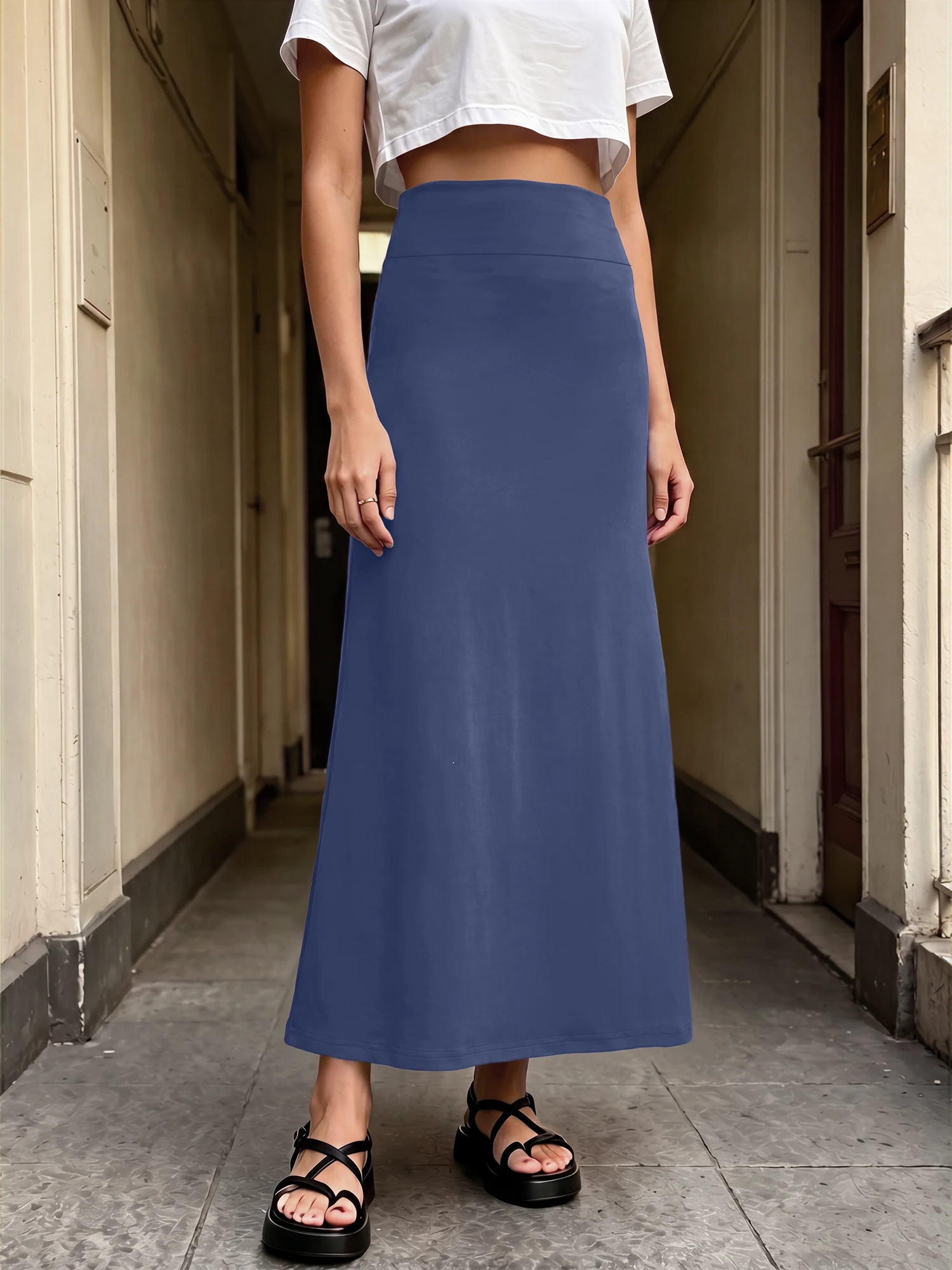 Mild Weather High Waist Midi Skirt, Wrinkle Free Construction, Spring Sightseeing & Autumn City Tour Wear