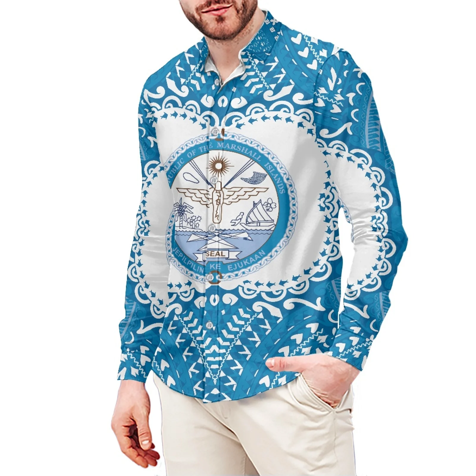 

Island Image Tattoo Print Polynesian Style Men's Shirt Stand-Up Collar Shirt 6XL Slim Long Sleeve Men's Shirt Men's Clothing