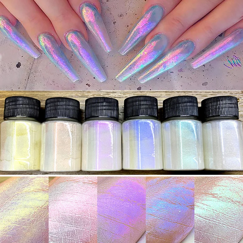 1Box 10g Pink Purple Aurora Pearl Nail Powder Holographic Chameleon Glitter Chrome Pigment Dust Gradient Mirror Effect Manicure