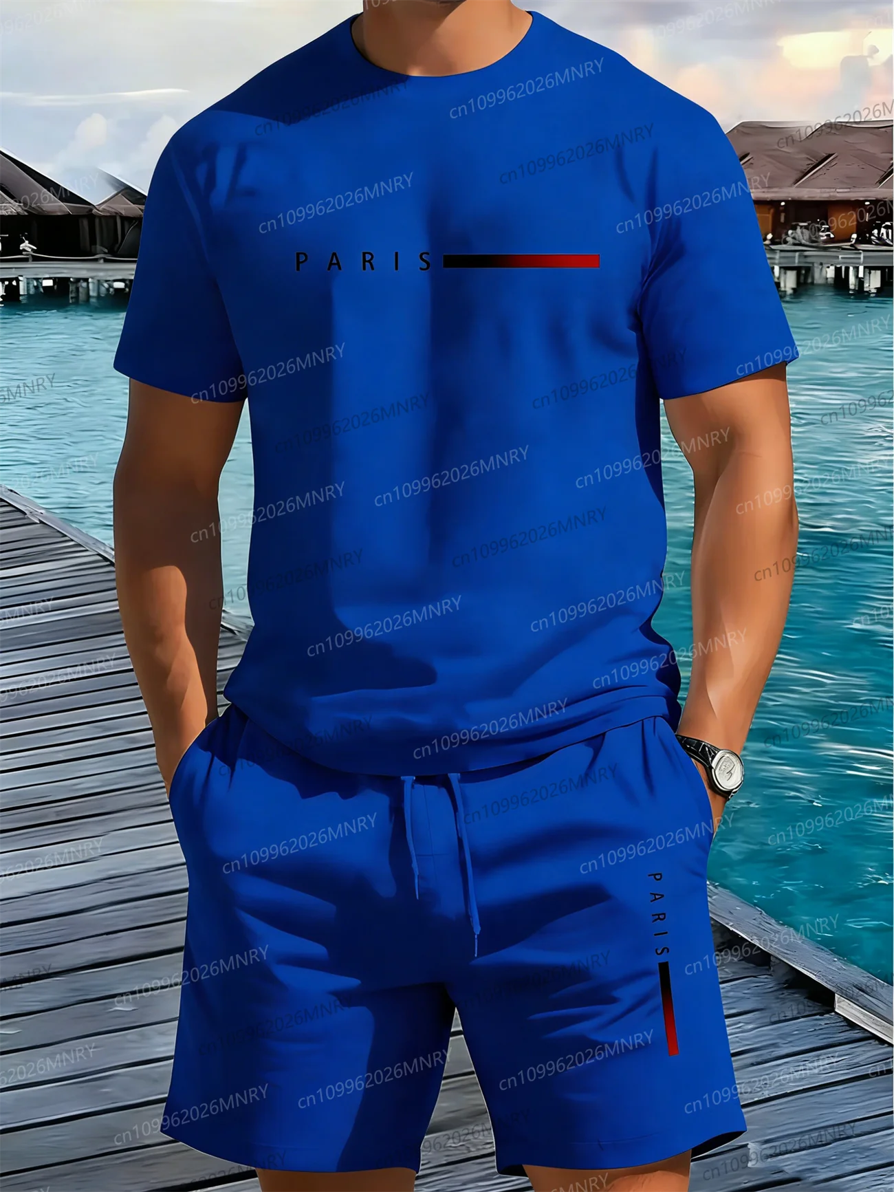 

Summer Men's Paris Print Short Sleeve T-Shirt & Shorts Set Round Neck Gradient Short Sleeved Women's T-shirt Shorts Set