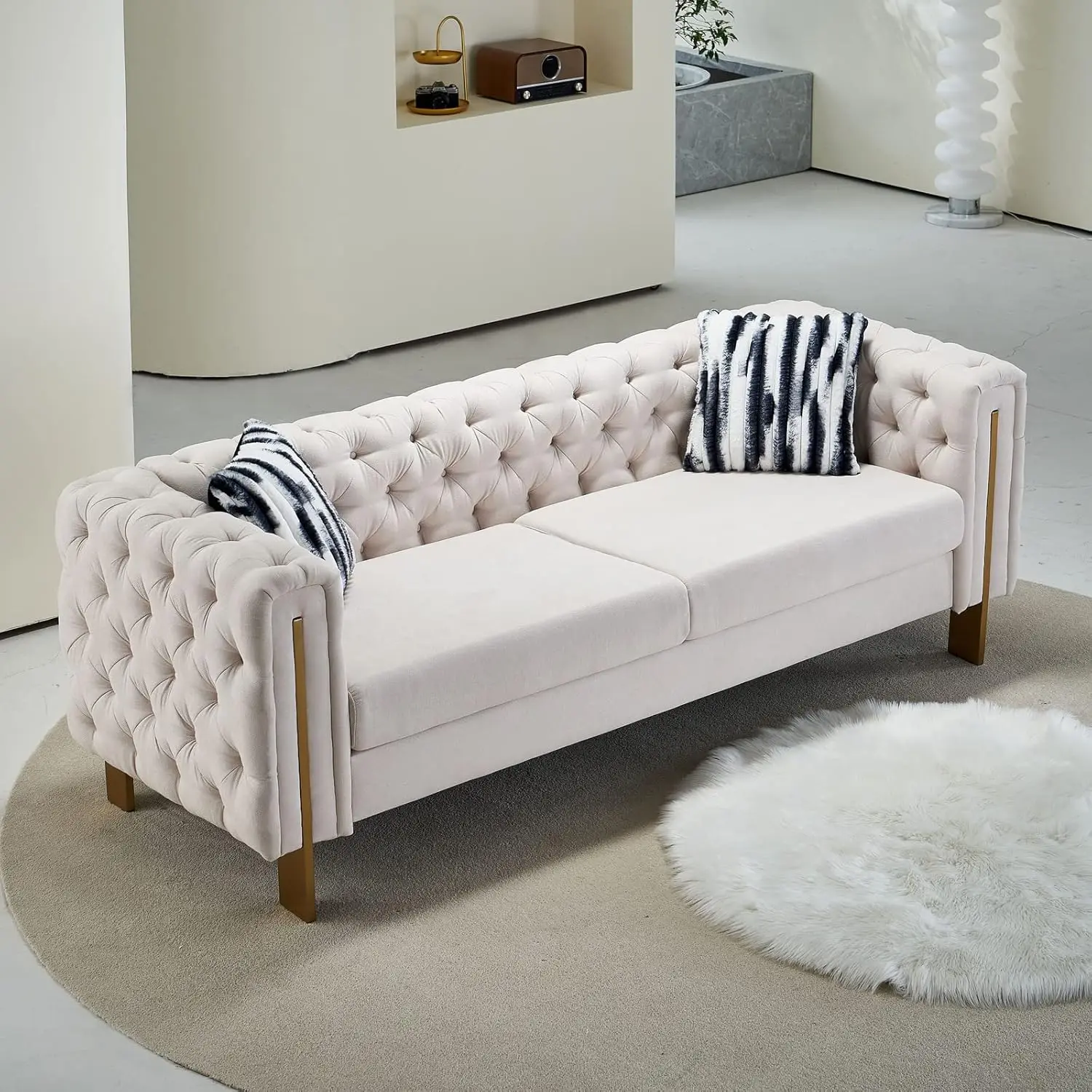 

Modern Sofa for Living Room, Long Button Tufted Couch Upholstered Linen Sofa with Pillows High Arm and Metal Legs DecorFurniture