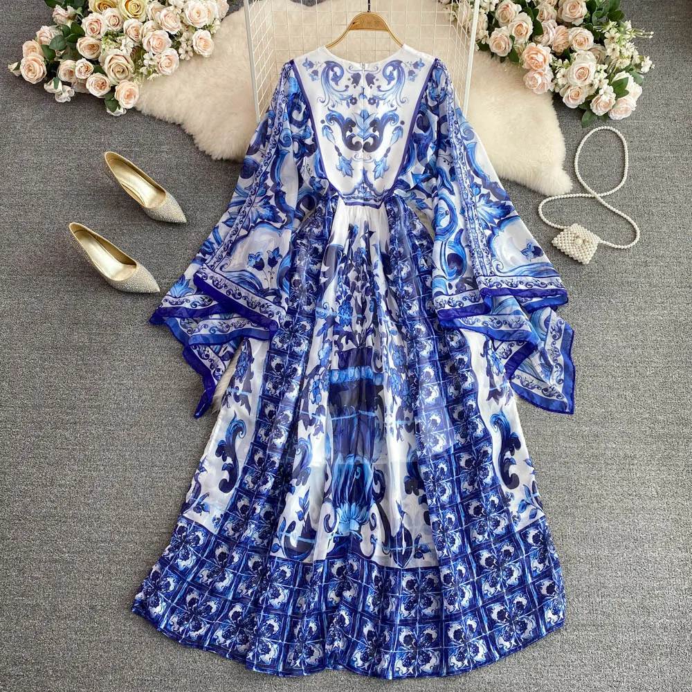 Maxi Dress Women Batwing Sleeve Blue and White Porcelain Printing Bohemian Vacation Fashion Designer Summer Dresses Faldas 2022