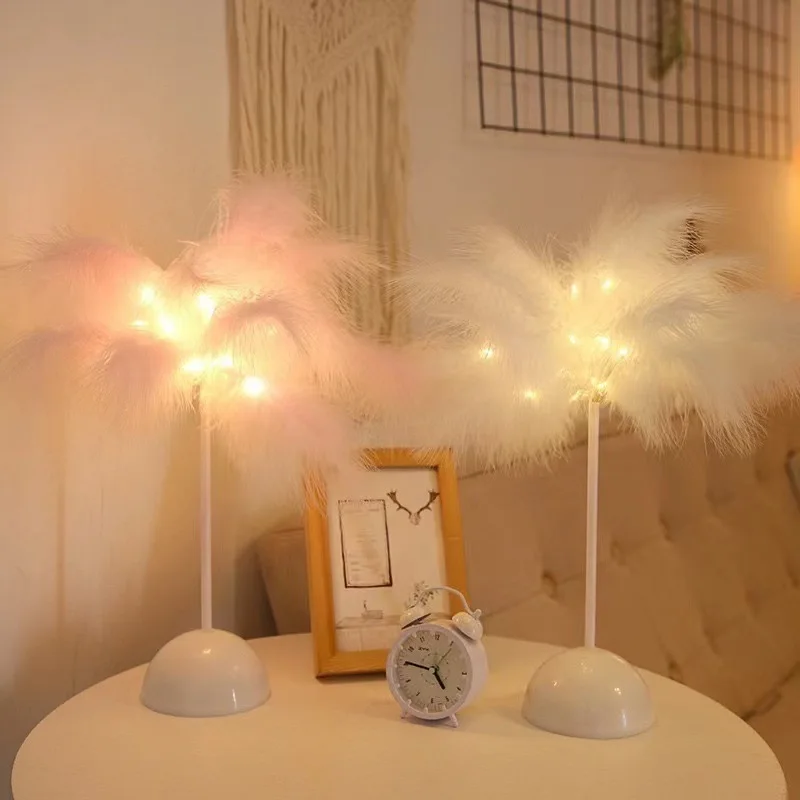 Rechargeable Ostrich Feather Table Lamp Portable Bedroom Bedside Lamp Creative Nordic Romantic Night Light Warm Home Decor