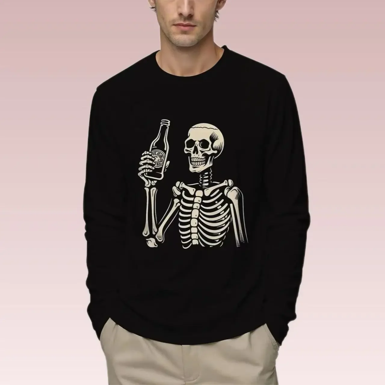 

2025 футболка с длинными рукавами, новая мужская футболка с круглым вырезом, весна и осень, череп, пиво, повседневная мода, удобная, универсальная, дышащая