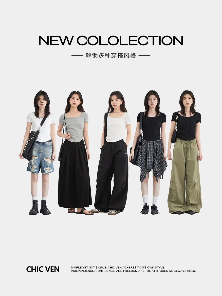 CHIC VEN Women T-Shirts Casual Solid Square Collar Pleated Waist Short Sleeved Basic Tees Female Slim Top Summer 2026