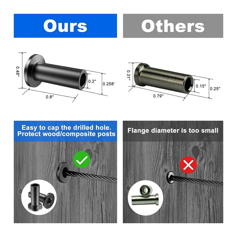 50 Pack Stainless Steel Protector Sleeves For 1/8Inch 5/32Inch Or 3/16Inch Deck Cable Railing, For Wood/Composite Posts