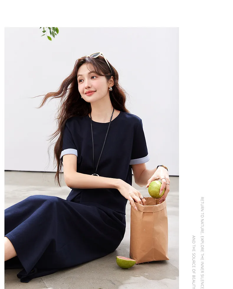 VIMLY Navy Casual Office Women's Suit 2026 Summer Contrast Folded Cuff Short Sleeve Tee Elastic Waist Straight Skirt Sets A6390