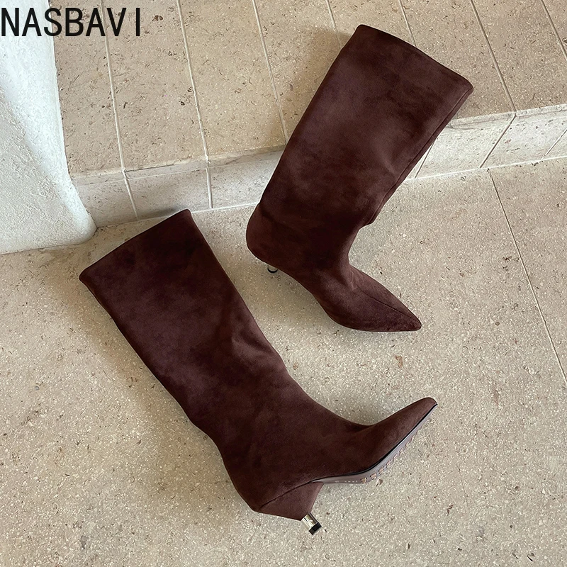 NASBAVI 2026 موضة الشتاء النساء حذاء برقبة للركبة أشار تو أحذية امرأة عالية الكعب فو الجلد المدبوغ أحذية طويلة فستان حجم 34-40