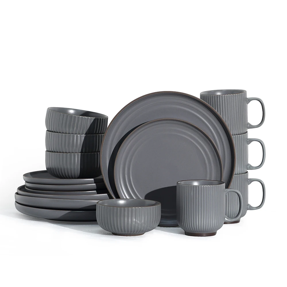 Europe 16pcs Cafe Vertical Stripe Kitchen Dinnerware Set ,Plates,Bowls,Mugs Combination Tableware Service For 4 Person (3colors)