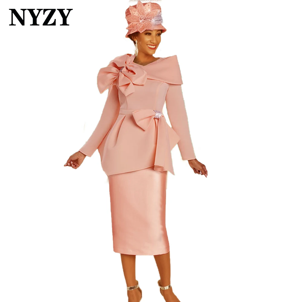 NYZY M416 Elegantes, langärmliges, knielanges Kleid für die Brautmutter, Party, Cocktail, Patin, Kirchenkleid 2025,