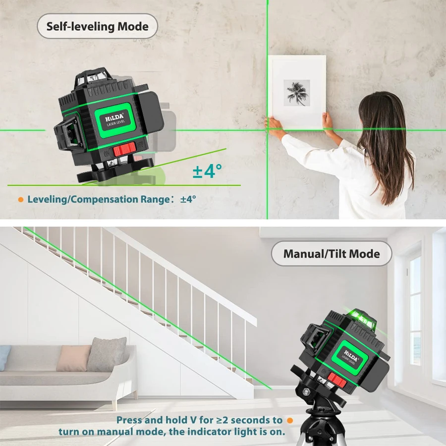 HILDA 4D Laser Level Green 12/16 Lines  Self-Leveling 360 Horizontal And Vertical Super Powerful Laser level