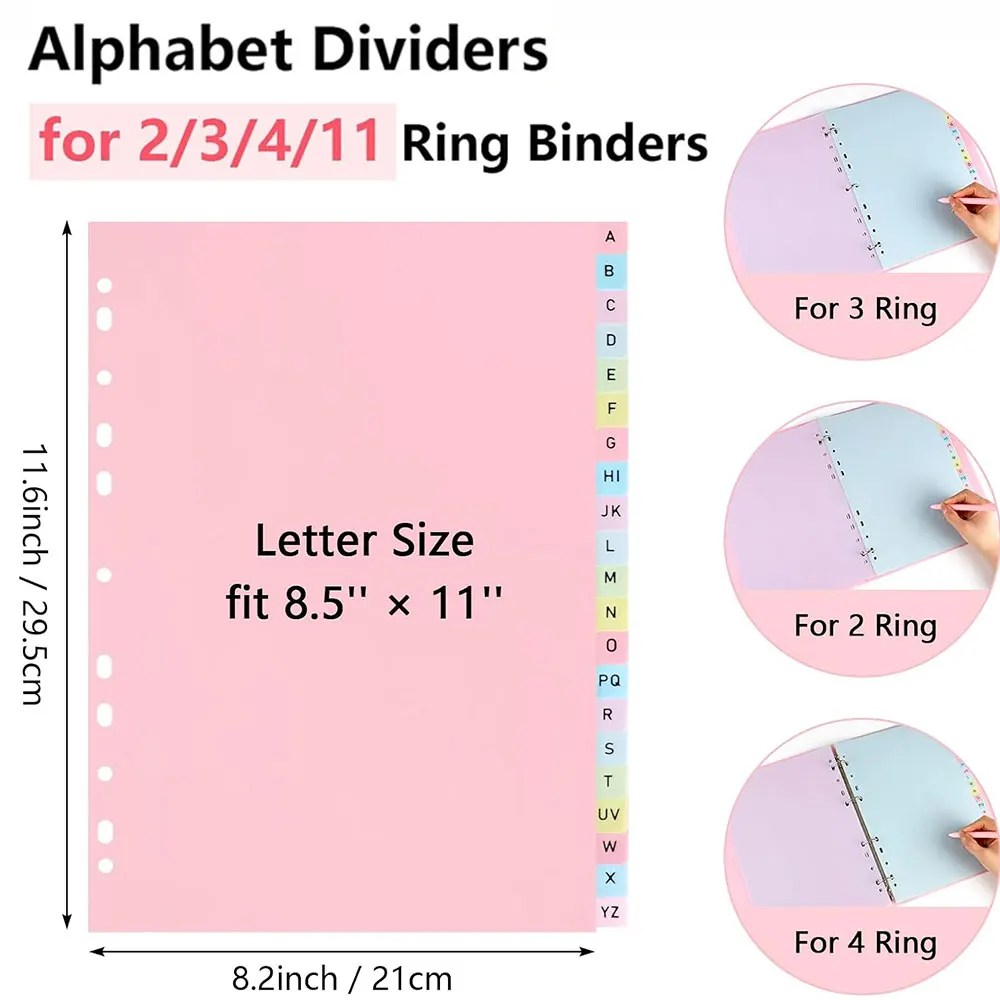 21-Sheet A-Z Alphabet Binder Dividers, 8.5 x 11 in Color PVC Tabs, Waterproof Durable, Clear Letters, Fits 2/3/4/11-Ring Binders