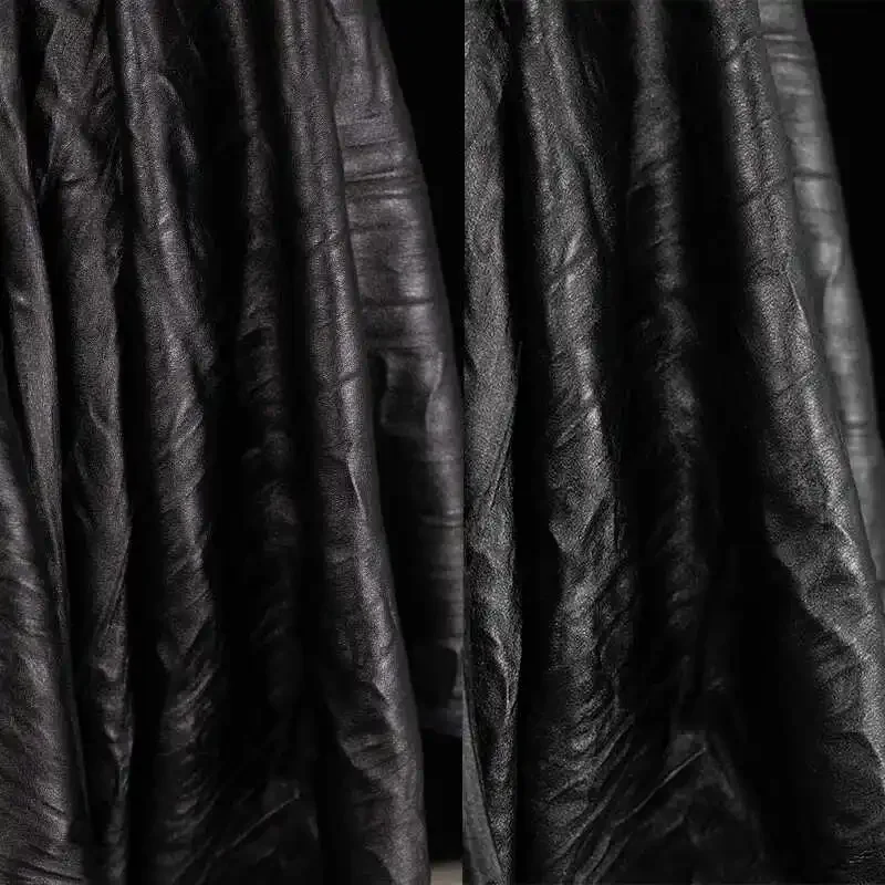 قماش جلدي عمودي أسود سميك متجعد لمعطف التنورة ملابس عصرية مصممة إبداعية خياطة يدوية لكل متر من القماش #4