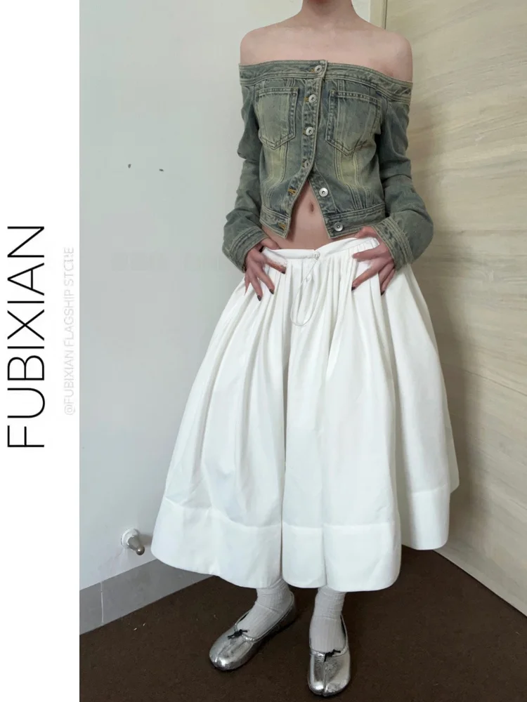 

Low Waist Pleated Umbrella Skirt Korean Style Sporty Sensation White Color Slimming Mid-Length Maxi Skirt Half-length Skirt