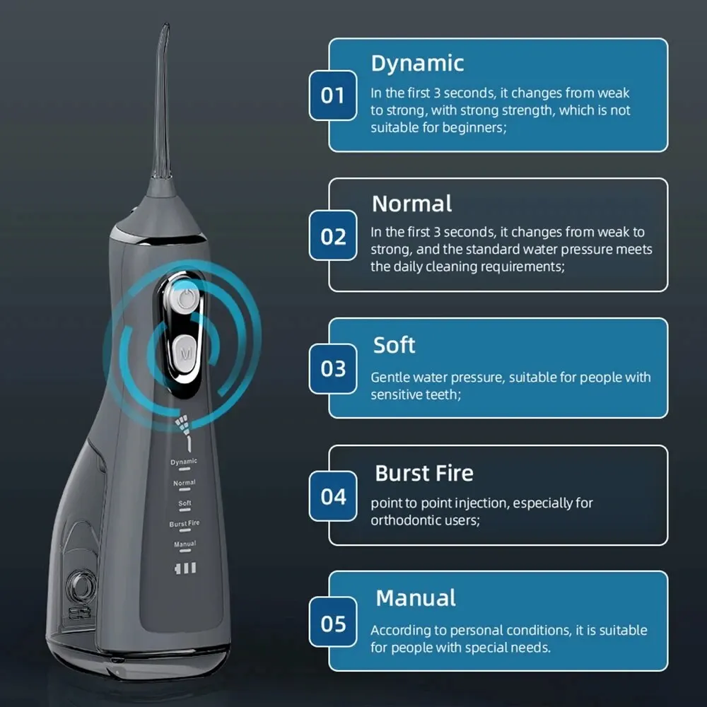 Irrigador Oral Portátil, Dental Água Flosser, 360 ° Rotated Jet, Máquina de lavar a boca, limpeza Dentes Thread, 5 Modos, Pick